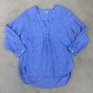 L.L. Bean Cool Blue  100% Linen Tunic Blouse Size L Washable Boho Beach Resort